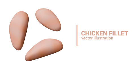 Set of chicken fillet on white background. Realistic boneless, skinless bird meat