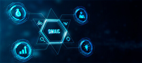 Internet, business, Technology and network concept. DMAIC, Six Sigma. Define, Measure, Analyse, Improve, Control. Standard quality control and lean manufacturing concept. 3d illustration