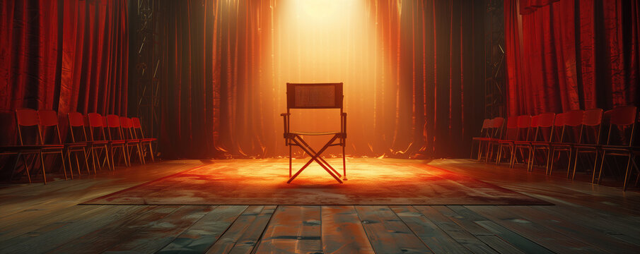 Empty director chair illuminated on stage with red curtains
