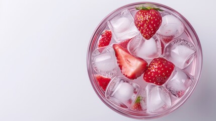 Top view of a refreshing drink with ice cubes and fresh strawberries in a glass, highlighting summer freshness