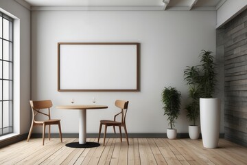 Interior cafe with blank frame poster mock up and tables, chairs on white wall