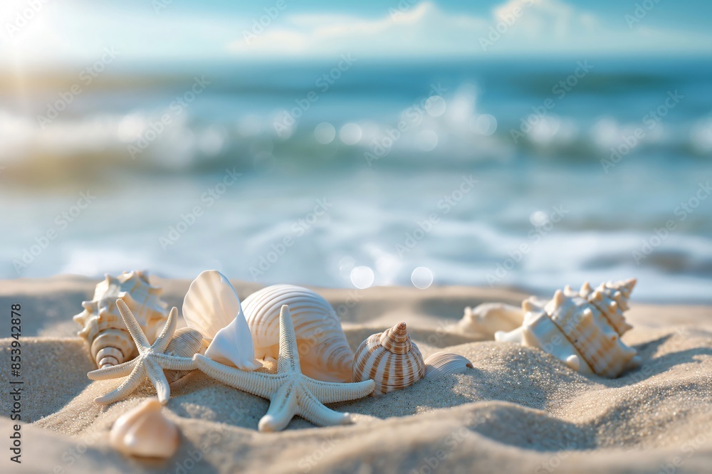 Poster Idyllic sandy beach scene encapsulating scattered seashells and a starfish with waves softly breaking in the sunny background