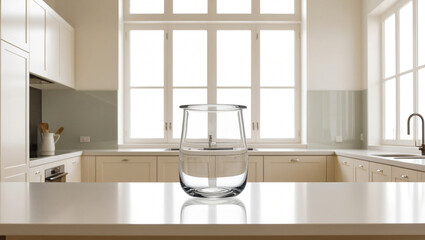 a white kitchen with an empty glass container, modern minimalist contemporary