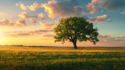 Obraz premium lonely large green tree at sunset in a field.
