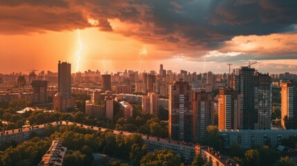 photo of lightning against the backdrop of a large modern city with tall buildings.