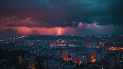 Obraz premium photo of lightning against the backdrop of a large modern city with tall buildings.