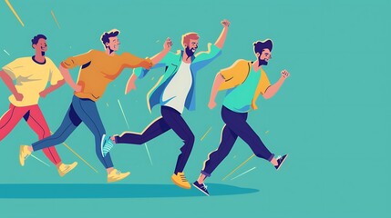 Four Men Running, Cartoon Style Illustration