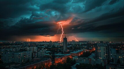 photo of lightning against the backdrop of a large modern city with tall buildings.
