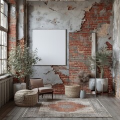 A white framed picture hangs on a brick wall in a room with a window