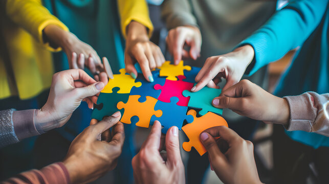 Mental health awareness with diverse hands holding puzzle pieces together.


