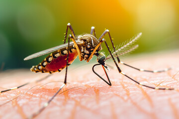 The image shows a close-up of a mosquito sitting on a person's skin.