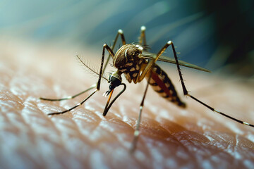The image shows a close-up of a mosquito sitting on a person's skin.