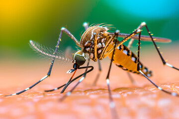 The image shows a close-up of a mosquito sitting on a person's skin.