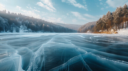 Blue ice and cracks on the surface of the ice. Frozen lake under a blue sky in the winter. The hills of pines. Winter. Carpathian, Ukraine, Europe. Long exposure