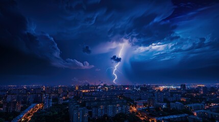photo of lightning against the backdrop of a large modern city with tall buildings.