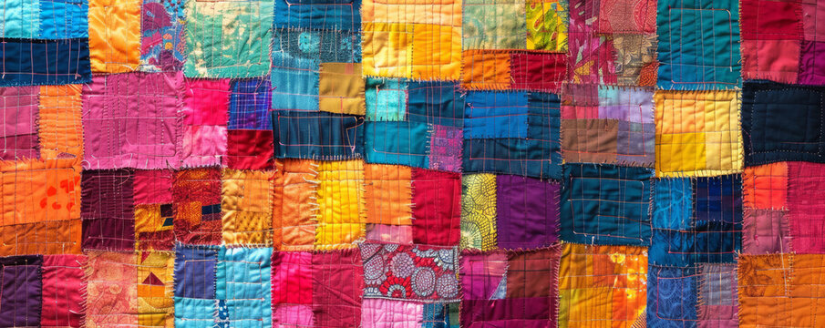 A colorful patchwork quilt, its squares of fabric sewn together with love and care.