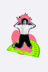 Vertical photo collage of happy schoolboy jump receive best mark school education concept supplies ruler isolated on painted background