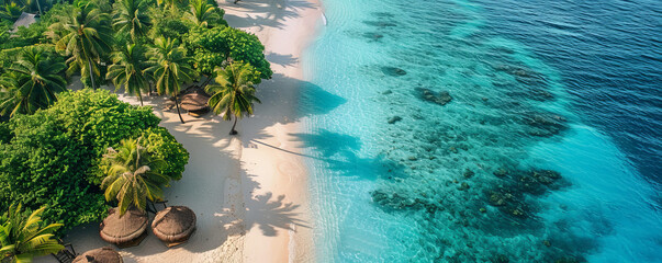 Fototapeta premium A serene beach scene in the Maldives, with pristine white sand, turquoise waters, and swaying palm trees creating a paradise-like setting.