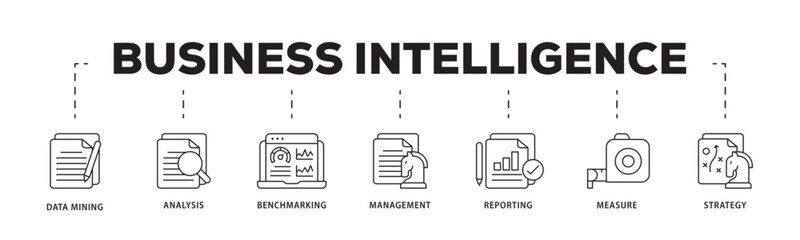 Business intelligence icon infographic illustration concept with icon of data mining, analysis, benchmarking, management, reporting, measure, and strategy icon live stroke and easy to edit 