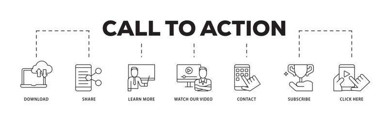Call to action icon infographic illustration concept with icon of  click here, watch our video, subscribe, contact, learn more, share, download icon live stroke and easy to edit 