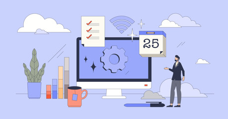 Management software for time efficiency tiny person neubrutalism concept. Productivity application for work task scheduling and effective planning vector illustration. Business calendar app.