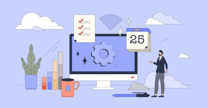 Management software for time efficiency tiny person neubrutalism concept. Productivity application for work task scheduling and effective planning vector illustration. Business calendar app.