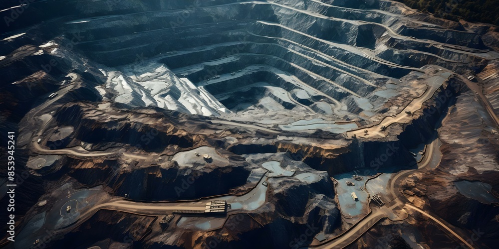 Poster aerial view of openpit mine with terraces and roads for mining. concept mining operations, open pit 