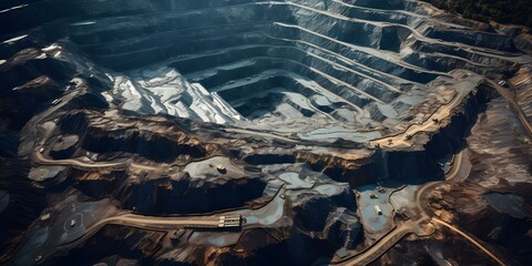 Fototapeta premium Aerial view of openpit mine with terraces and roads for mining. Concept Mining Operations, Open Pit Mine, Terraced Landscape, Aerial View, Mining Infrastructure