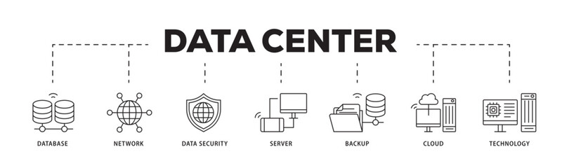 Data center icon infographic illustration concept with icon of database, network, data security, server, backup, cloud and technology icon live stroke and easy to edit 