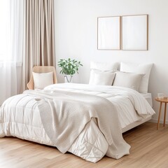 Minimalist bedroom with a white bed, wood floors, and natural light streaming in.