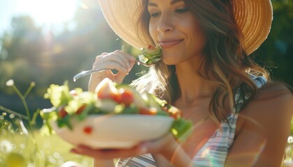 A young woman is seated on the grass, happily eating a fresh salad while surrounded by nature, enjoying a healthy meal AIG58