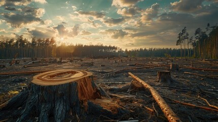 Obraz premium Deforested area with tree stumps at sunset, highlighting the effects of deforestation on the environment.