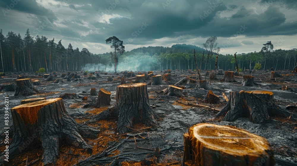 Aufkleber deforested area with tree stumps scattered across a barren landscape, emphasizing the impact of logg
