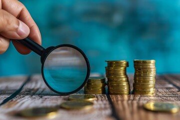 Fototapeta premium Magnifying Glass Inspecting Stacked Coins