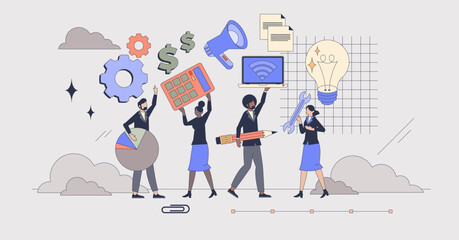 Cross functional teams collaboration tiny person neubrutalism concept. Partnership, teamwork for effective project development vector illustration. Expert group with members from various departments.