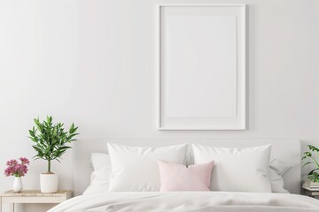 Bright, minimalist bedroom with white bedding, framed blank art, plants on side table, and soft decor creating a calm, modern ambiance.