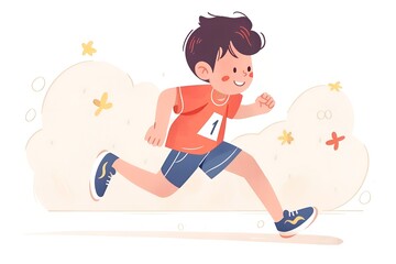 Child boy running in sport wear. Active sport, happy game, maintaining healthy lifestyle. Young person in moving. Cartoon flat illustration