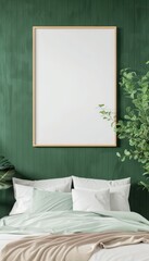 Cozy bedroom interior with blank picture frame on green wall and comfortable bedding. Perfect mockup for art and design presentations.