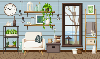Living room interior design with blue plank walls, a big sea view window, an armchair, bookshelves, books, lanterns, and houseplants. Cabin or barnhouse interior. Cartoon vector illustration