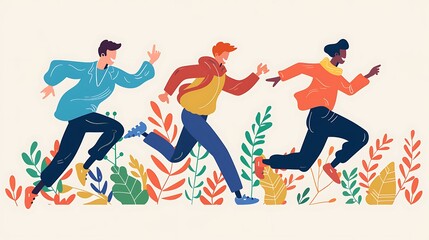 Fototapeta premium Three Friends Running Through a Field of Flowers