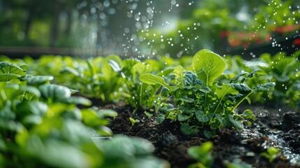 Lush green garden with an efficient drip irrigation system in use.