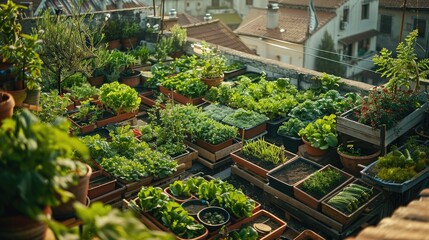 Rooftop garden with a variety of plants in pots and raised beds, illustrating urban gardening and self-sustainability.