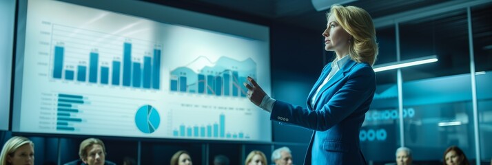 A woman delivers a finance analysis presentation, showcasing graphs and charts on a screen