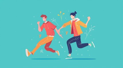 Joyful Run of Two Friends in a Cartoon Style