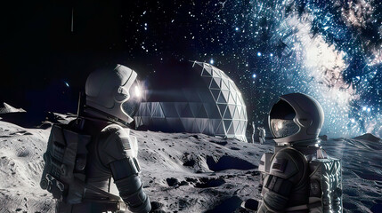 Photorealistic view: Astronauts in space suits on planet admire Milky Way galaxy lunar base with geodesic dome in background realistic lunar surface immersive scene .