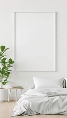 Minimalist bedroom interior with a blank frame on the wall, houseplant, wooden stool, and bed with white linens.