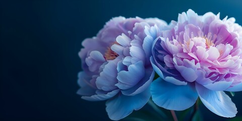 Obraz premium Blue and purple peonies with golden centers on dark background for design projects. Concept Peony Flowers, Blue and Purple, Golden Centers, Dark Background, Design Projects