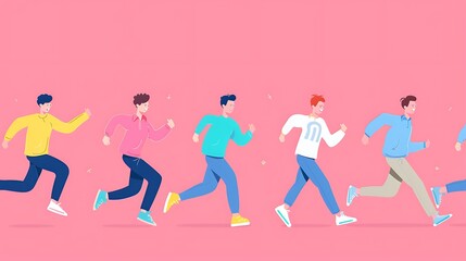 Group of Young Men Running Together in a Cartoon Illustration