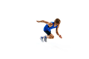 Power, speed and endurance. Determined athlete, young man in motion, running, training isolated on white studio background. Concept of sport, marathon, competition, healthy and active lifestyle
