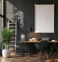 A poster mockup of a modern black home interior in an industrial style, rendered in 3D